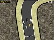 Screenshot of Hot Race Online showing a funny cartoon race car speeding ahead of competitors on a colorful track on PlayArcadeHub