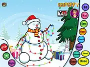 Screenshot of the Build a Snowman online game showing a fully decorated snowman with a top hat, scarf, and colorful buttons on PlayArcadeHub