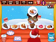 Screenshot from Christmas Santa's Pastry game showing Santa Claus serving baked goods to a line of children in a festive shop setting on PlayArcadeHub