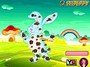 Screenshot of Peppy's Pet Caring Rabbit game showing a clean, happy rabbit wearing a cute outfit and accessories on PlayArcadeHub