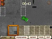 Old Cars Parking Simulator free online game, retro car parking in a dump, avoiding moving trucks and obstacles, driving skill test game