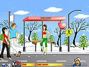 Christmas Love Sight online game screenshot, couple kissing secretly at a snowy bus stop, free holiday kissing game