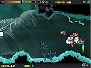 Screenshot of Atomic Sea post-apocalyptic game showing a small fish battling a large, hostile, mutated sea creature underwater
