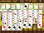 Samurai Solitaire Freecell online game screenshot, Japanese-themed playing cards on a background of cherry blossoms and a pagoda, free card game