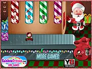 Santa's Little Helpers online game screenshot, Christmas elf wrapping gifts in a factory, free holiday game on PlayArcadeHub