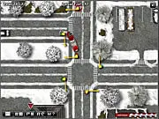 Winter Bus Driver free online game, showing a large yellow bus driving on a snow-covered street in a festive town with Christmas decorations.