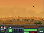 Screenshot from the action shooter game Road of Fury showing a heavily armed convoy vehicle driving on a desert road while shooting at enemy cars and a helicopter.