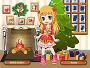 My Christmas Dress Up online game screenshot, girl in a festive outfit standing by a fireplace with stockings and presents, free Christmas makeover game