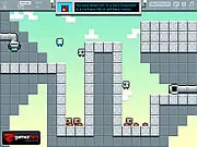 Disposabot free online game screenshot, showing a robot navigating a futuristic, trap-filled platformer level.