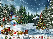 Beautiful Christmas free hidden object game screenshot, showing a cozy cottage living room with a decorated Christmas tree and objects to find.