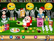 Santa Cocktail Shop game screenshot, Santa Claus behind a bar counter serving a cocktail to a happy customer, time management free online game