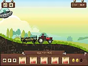 Don't Eat My Tractor free online defense game screenshot, showing a tractor delivering animals while fighting off alien spaceships in the sky.