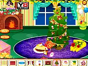 Screenshot of C.A. Cupid Christmas Room Decor online game showing a stylish room being decorated with Christmas tree and festive furniture