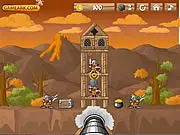 Tower Breaker 2 - Across the Seas free online game, showing a slingshot aiming at a stone enemy tower on a distant island.