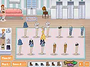 The main game screen of Thrift Shop Game free online time management game, showing a store counter with customers waiting for clothing and accessories
