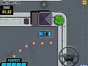 The main screen of Parking Frenzy: Driving School free online game, showing a car being carefully maneuvered into a tight parking spot
