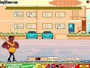The main screen of Destruction League Baseball free online game, showing a baseball being hit toward targets or obstacles on the field on PlayArcadeHub