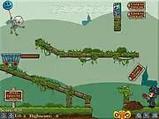 Bury My Bones free online puzzle game, showing a skeleton character near a grave with a complex physics mechanism of blocks and levers.
