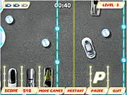 Screenshot of Neon Driver online game showing a car carefully parallel parking in a neon-lit, futuristic city environment, a challenging free online game.