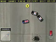 Screenshot of Package Driver online game showing a car being chased by police vehicles on an airport road, an action-packed free online car chase game.