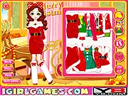 Screenshot from Wonderful Christmas Makeover game, girl wearing a festive red and white dress and Santa hat, dress-up free online game