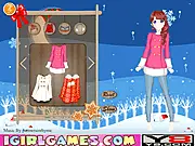Pretty Girl Loves Winter game screenshot, female character wearing a fashionable pink coat and scarf in a snowy backdrop, winter dress-up free online game