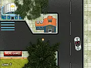 Sports Car Parking game screenshot, a red sports car navigating around cones and obstacles toward a designated parking space, precision driving free online game
