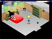 Red Devil RPG 2 free online game screenshot, retro-style role-playing game showing the main character walking through a dark house interior.