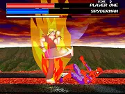 Bloody Rage game screenshot showing two superheroes engaged in a fierce fight on a dark, action-filled arena.