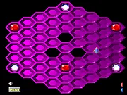 Hexxagon online strategy board game, showing a hexagonal grid filled with red and blue circular game pieces during a territorial battle.