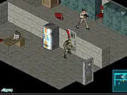 Isometric view screenshot of Stealth Hunter game showing a secret agent hiding behind a wall
