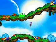 Muffin The Star Hunter online game screenshot showing the hero Muffin jumping to collect a glowing star on a colorful platform
