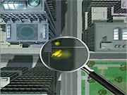 The free online simulator game Ant City showing a magnifying glass focusing sunlight to burn a tiny city below