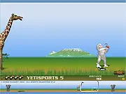 Screenshot from Yeti Sports game showing a Yeti swinging an ice bat to hit a penguin (Pingu) in a snowy landscape, classic free game.