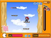 The character from Down Boy Z Online descending quickly through the sky while dodging obstacles and collecting power-ups in this Dragon Ball-inspired free game.