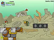 Screenshot of Musco Morpha, a retro top-down action game featuring a bug character fighting off swarms of bees in a wasteland environment