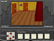 Nightmare House game screen showing a dark hallway with a flickering light and spooky atmosphere