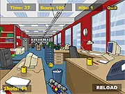 Stress Relief Paintball game screenshot showing a first-person view of a paintball gun aimed at floating stress relief balls in an office setting