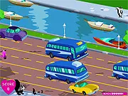 Screenshot of Pepe LePew's Love Run showing the skunk attempting to cross a busy road while dodging cars.