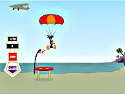 Cartoon image of Daffy Duck falling through the sky with a parachute or target visible below, illustrating the sky diving game.