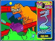T-Wrecks Gut Buster free online game screenshot, large dinosaur eating a car in a city, arcade action game on PlayArcadeHub