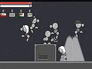 A highly customized stickman character shooting two enemies with a shotgun in Thing Thing 2, a free online action shooter game.