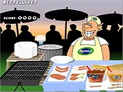 Screenshot of Remia BBQ-Academy free online game showing a barbecue grill with sizzling meat and customers waiting for their food.