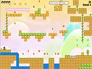 Screenshot of Weirdville online game, showing a character jumping across platforms to collect shiny gold coins and move towards the red goal signpost.