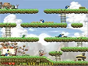 Maple Story Flash Adventure free online game screenshot showing an archer character jumping on platforms and shooting an arrow at a colorful monster