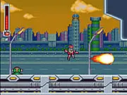Gameplay screenshot of Fireman Incoming Storm, showing the Fireman character jumping and shooting a projectile at an enemy robot in a factory environment.