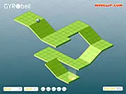 Gyroball game screenshot showing a metallic ball rolling on a narrow 3D maze platform towards a hole