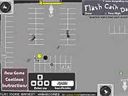 Screenshot of Cash Dash free online game showing a small character on a screen attempting to collect floating dollar symbols while dodging multiple incoming missiles and enemy drones