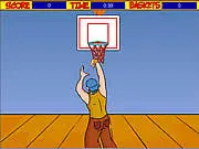 Screenshot of Hot Shots free online basketball game showing a basketball in the air approaching a hoop with a timer displayed.