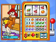 Online casino game Super Slots screenshot showing a classic fruit machine with spinning reels and a glamorous lady watching